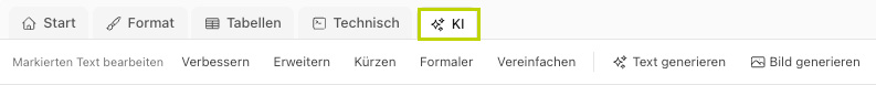Wiki-Editor-Leiste mit hervorgehobenem Reiter „KI“ und Aktionen wie „Verbessern“, „Kürzen“ und „Vereinfachen“