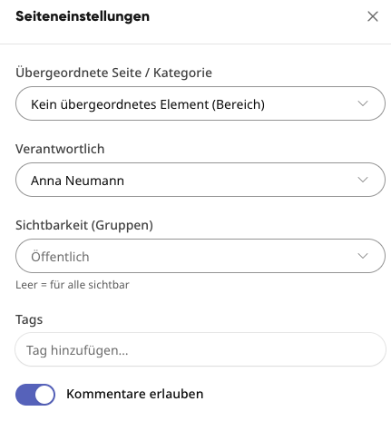 Wiki-Seiteneinstellungen mit Kategorie, Verantwortlichem, Sichtbarkeit, Tags, „Kommentare erlauben“