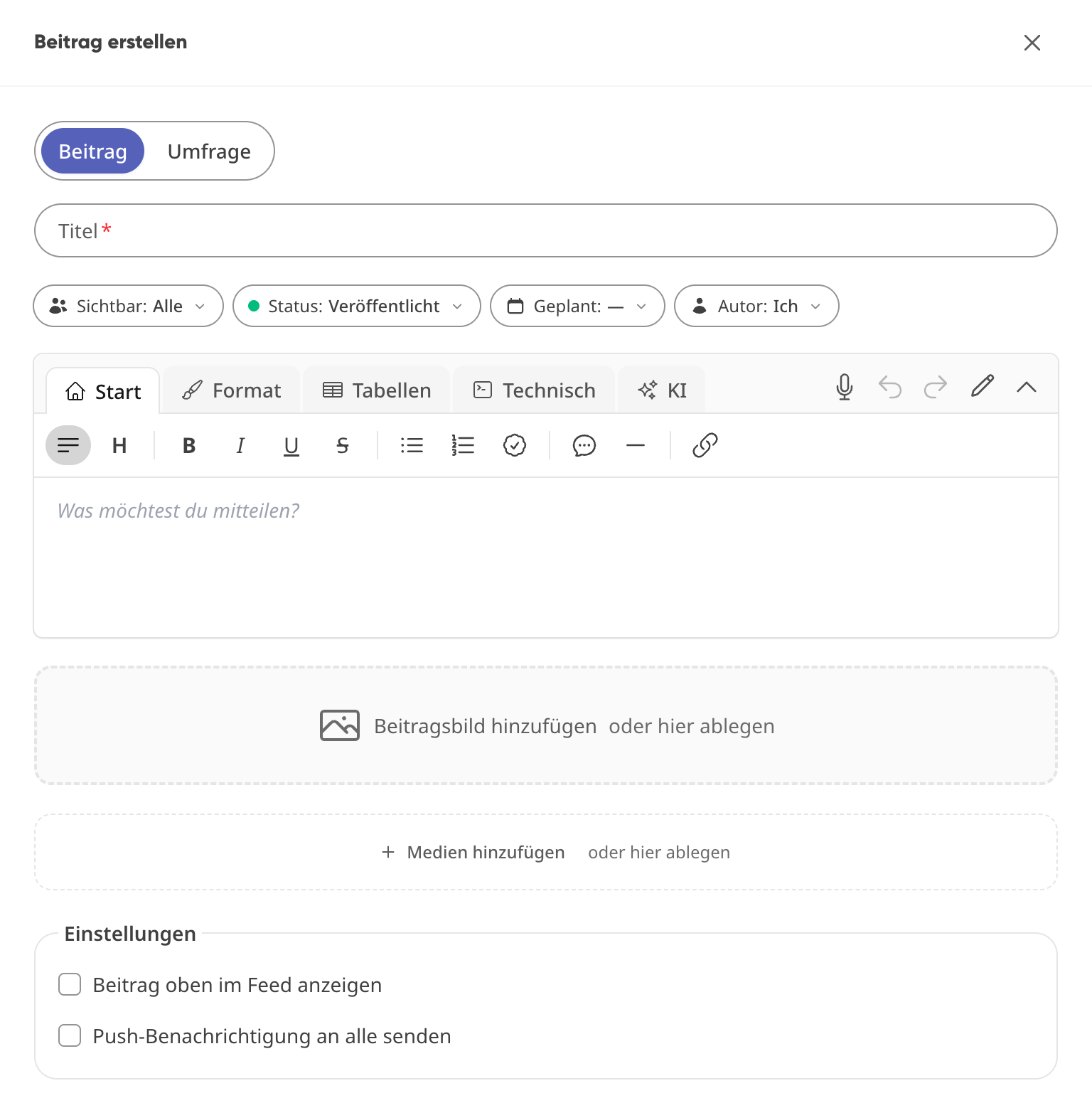 Formular „Beitrag erstellen“ mit Titel, Editor, Beitragsbild, Medien, Anheften und Push-Benachrichtigung