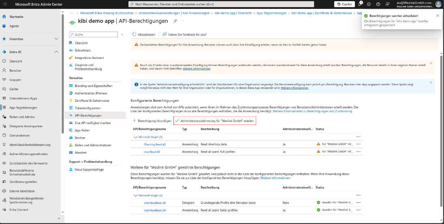 Entra-Seite „API-Berechtigungen“ mit markierter Schaltfläche „Administratorzustimmung erteilen“