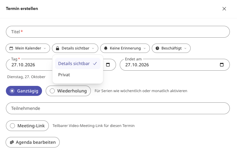 Screenshot: Wie stelle ich Erinnerung, Sichtbarkeit und Verfügbarkeit ein?