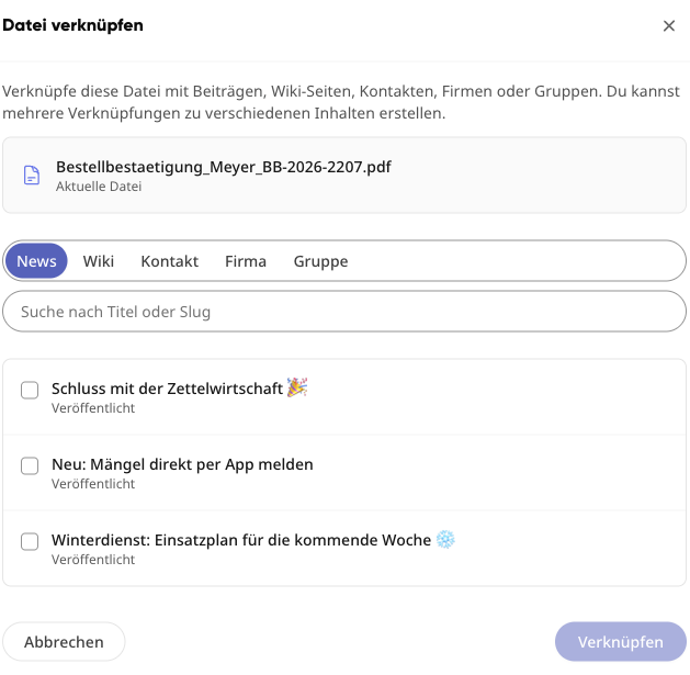 Der Dialog &bdquo;Datei verkn&uuml;pfen&ldquo; mit den Bereichen Beitr&auml;ge, Wiki, Kontakt, Firma und Gruppe.