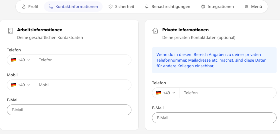 Reiter Kontaktinformationen mit Arbeits- und privaten Kontaktdaten