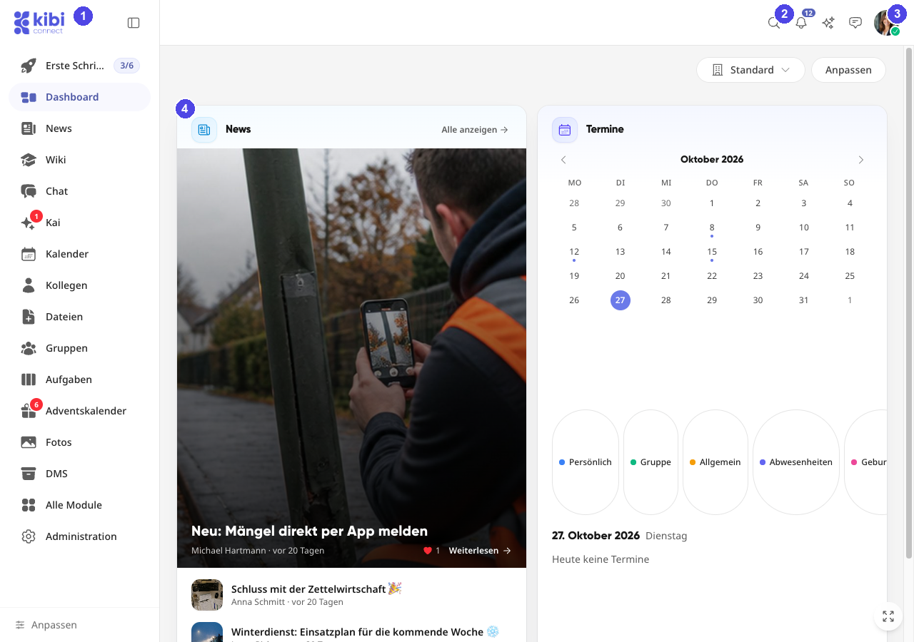 Dashboard der Plattform mit nummerierten Bereichen: Navigation, Suche, Profilmenü und Kacheln