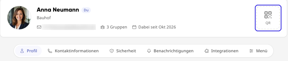 Profilkopf in der Plattform mit hervorgehobenem QR-Code-Feld rechts und Reitern darunter