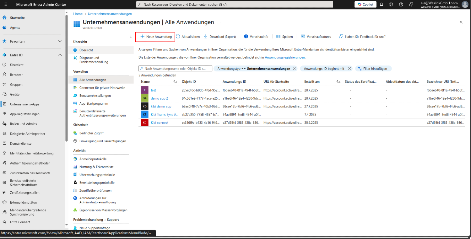 Microsoft Entra Admin Center: Liste der Unternehmensanwendungen mit markierter Schaltfläche „Neue Anwendung“