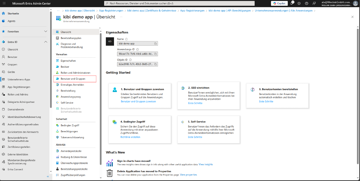 Microsoft Entra: Übersicht der Unternehmensanwendung mit markiertem Menüpunkt „Benutzer und Gruppen“