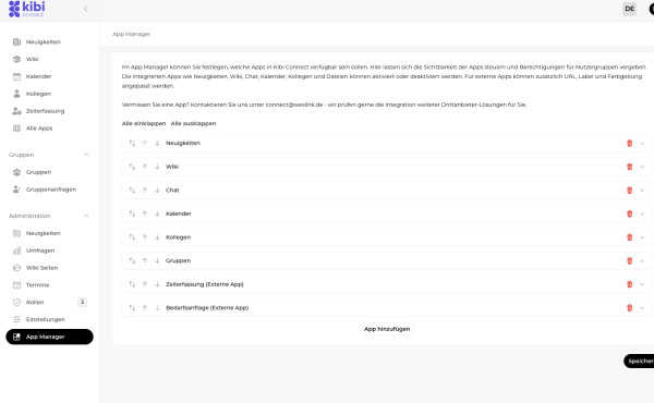 Modul-Manager in der Administration mit Liste der Module wie Neuigkeiten, Wiki, Chat und Kalender