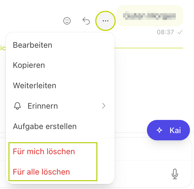Nachrichtenmenü mit Bearbeiten, Kopieren, Weiterleiten, Erinnern; „Für mich löschen“ und „Für alle löschen“ markiert