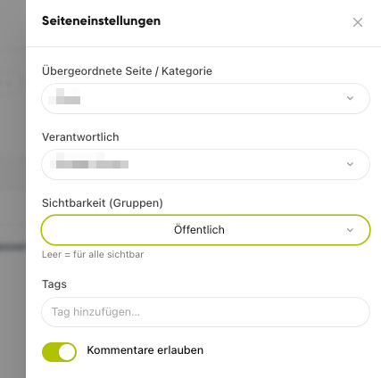 Wiki-Seiteneinstellungen mit Kategorie, Verantwortlichen, Sichtbarkeit, Tags und Schalter „Kommentare erlauben“