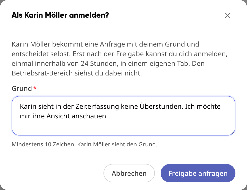 Dialog „Als Karin Möller anmelden?“ mit Grund