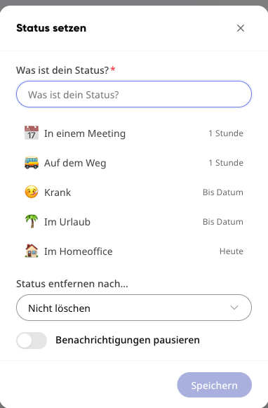 Dialog „Status setzen“ mit Statusfeld, Vorschlägen wie Meeting oder Urlaub und Auswahl zum Entfernen