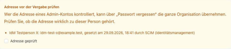 Hinweis „Adresse vor der Vergabe prüfen“ mit Haken „Adresse geprüft“
