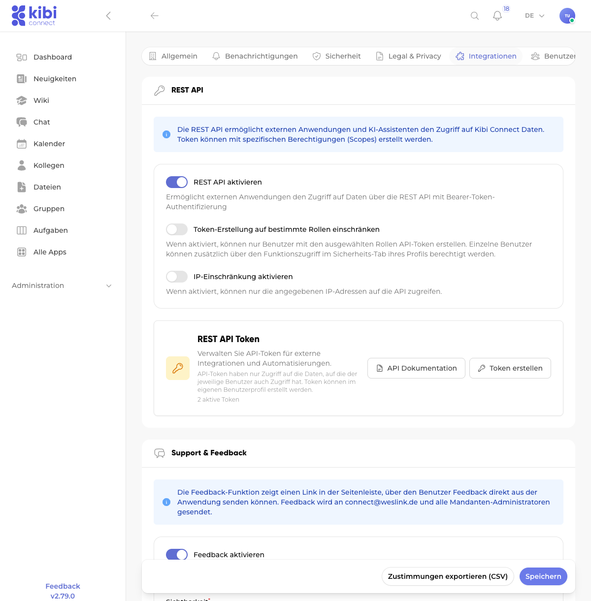 Screenshot: API-Einstellungen unter Integrationen