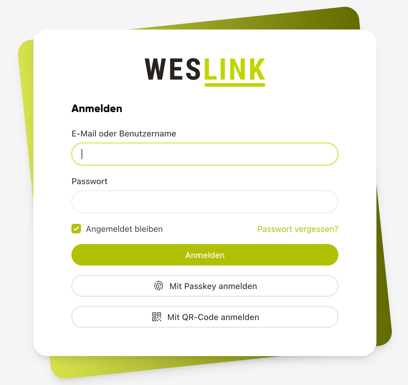 Anmeldeseite der Plattform mit Feldern f&uuml;r E-Mail und Passwort sowie Optionen f&uuml;r Passkey und QR-Code