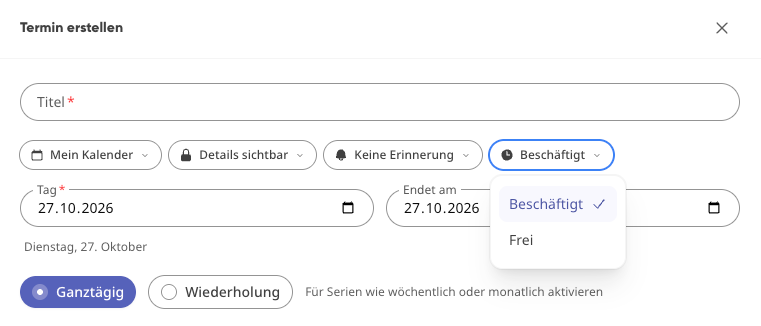 Screenshot: Wie stelle ich Erinnerung, Sichtbarkeit und Verfügbarkeit ein?