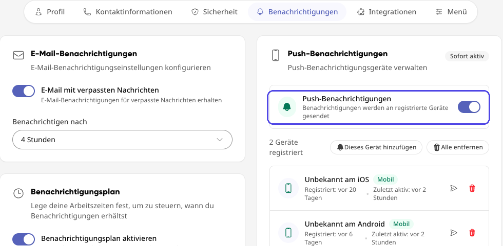Profil-Reiter „Benachrichtigungen“ mit hervorgehobenem Schalter für Push-Benachrichtigungen und E-Mail-Optionen