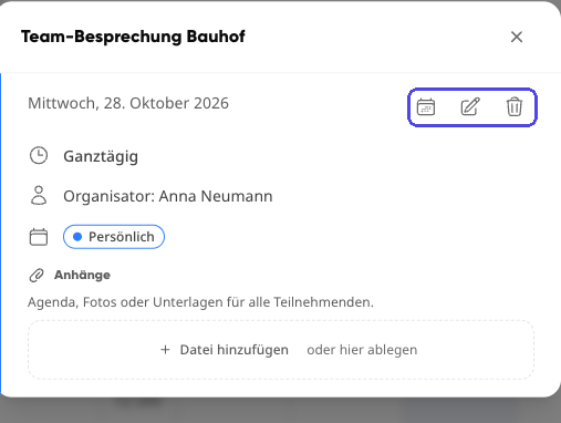 Termin-Detailansicht mit hervorgehobenen Symbolen zum Kopieren, Bearbeiten und L&ouml;schen des Termins