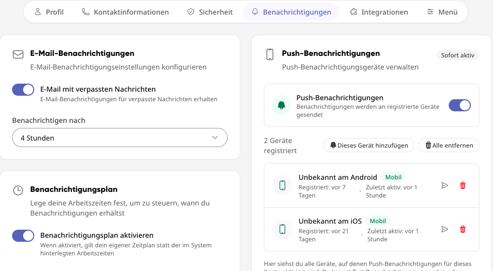 Die Benachrichtigungs- und Status-Einstellungen mit „Bitte nicht stören“, Status-Auswahl und Arbeitszeiten.