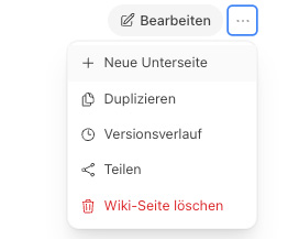 Wiki-Seitenmenü mit „Neue Unterseite“, Duplizieren, Versionsverlauf, Teilen und „Wiki-Seite löschen“