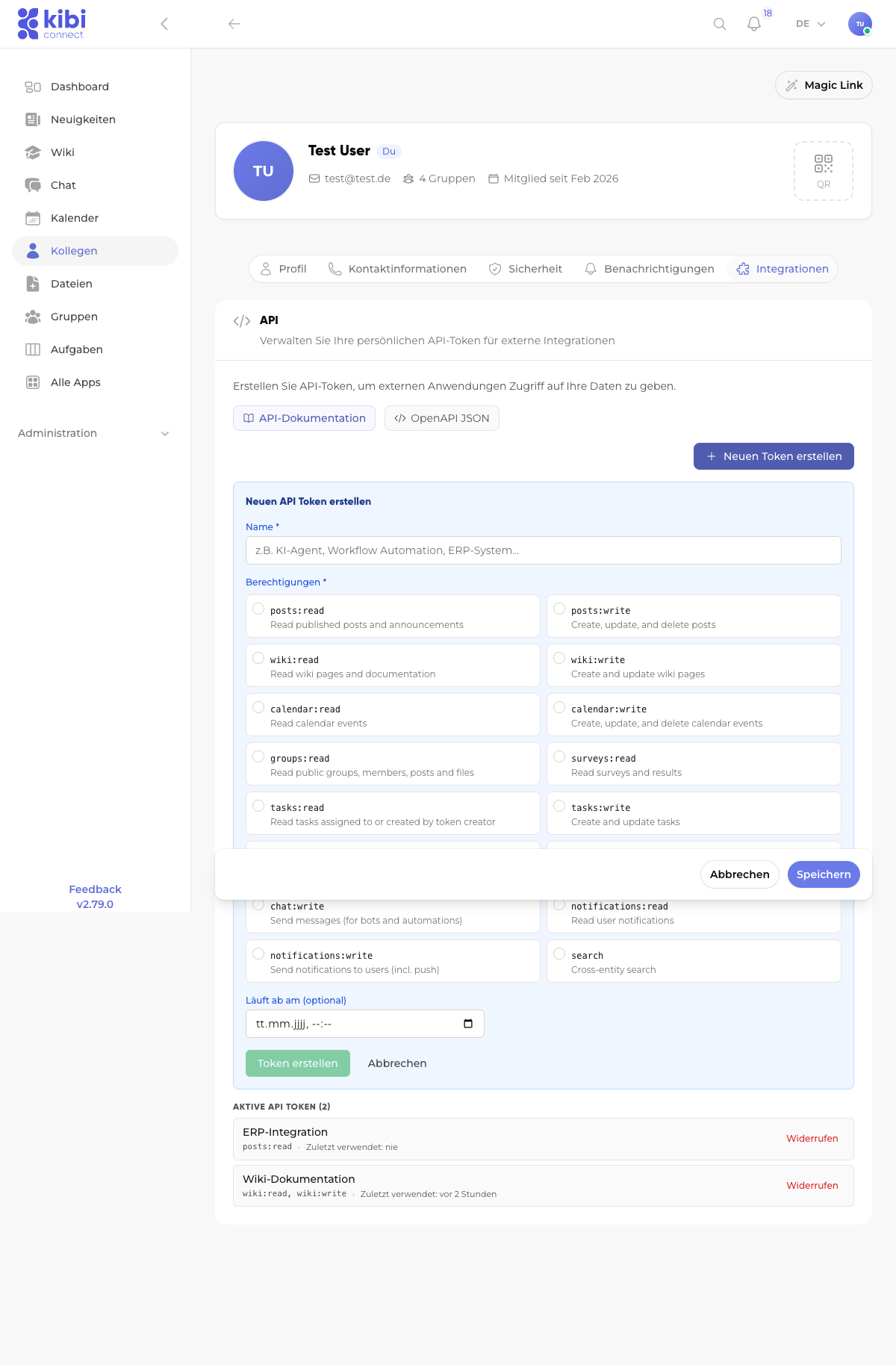 Screenshot: Token-Erstellungsformular mit Scopes