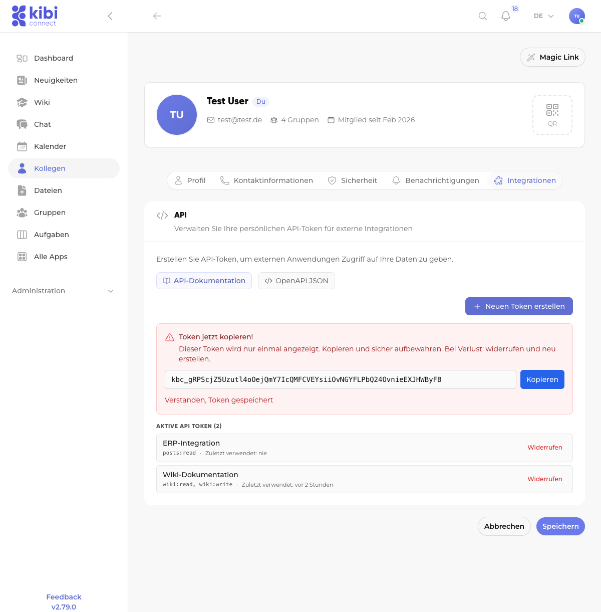 Screenshot: Token nach Erstellung -- nur einmal sichtbar
