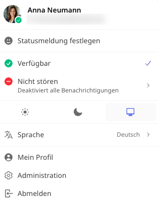 Menü „Mein Konto“ oben rechts mit Profileintrag, Status, Darstellung, Sprache, Administration und Abmelden