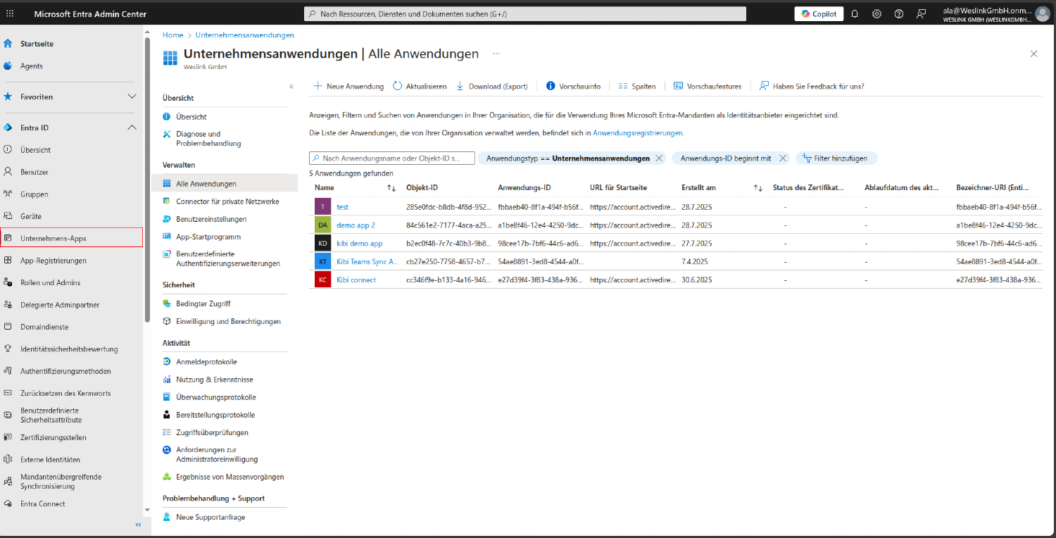 Microsoft Entra Admin Center mit Liste der Unternehmensanwendungen, Menüpunkt „Unternehmens-Apps“ markiert
