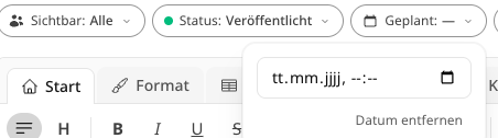 Beitragsoptionen mit geöffnetem Datumsfeld für „Geplant“ und Link „Datum entfernen“
