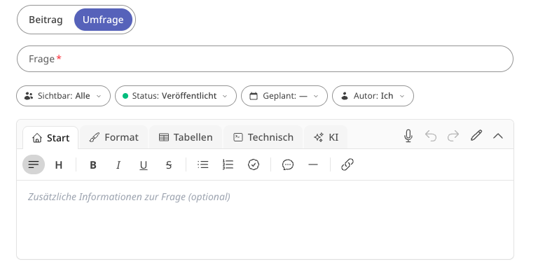 Umfrage Frage.jpeg Umfrage-Formular mit Feld „Frage“ und Editor für „Zusätzliche Informationen“