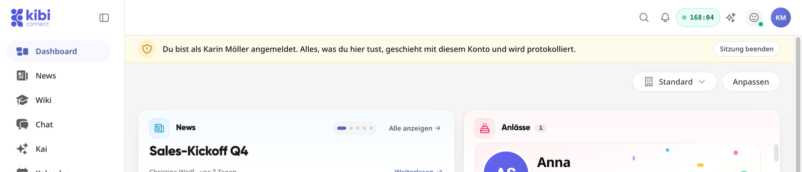 Sitzungs-Tab mit dem Hinweis „Du bist als … angemeldet“
