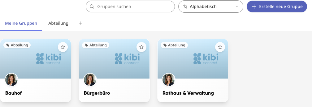 Gruppen-Übersicht mit Meine Gruppen, Reiter Abteilung und Erstelle neue Gruppe