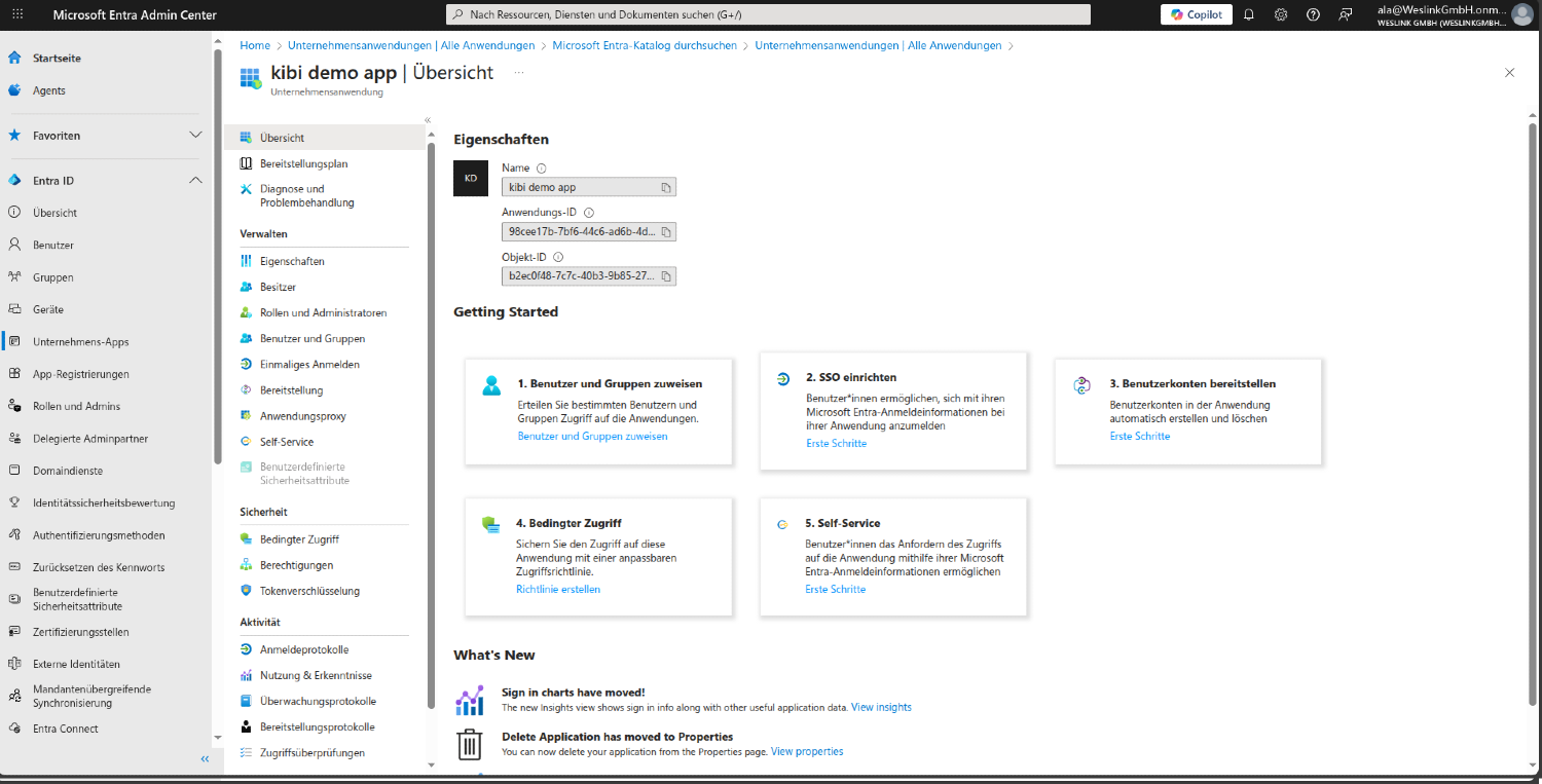 Microsoft Entra Admin Center: Übersicht der Unternehmensanwendung „kibi demo app“ mit Eigenschaften und ersten Schritten